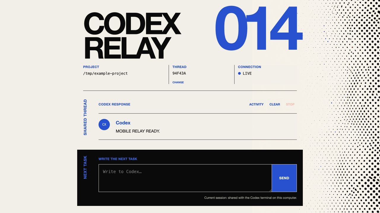 The Codex Mobile Bridge interface, with a response view and a next-task composer