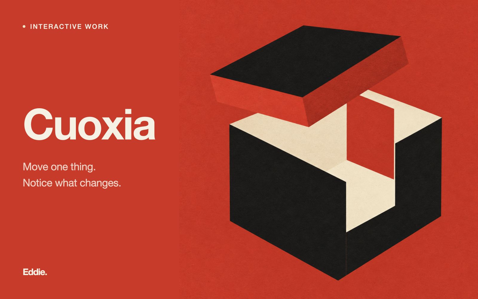 Cuoxia cover artwork · Vermilion, ink black, and a shifting box.