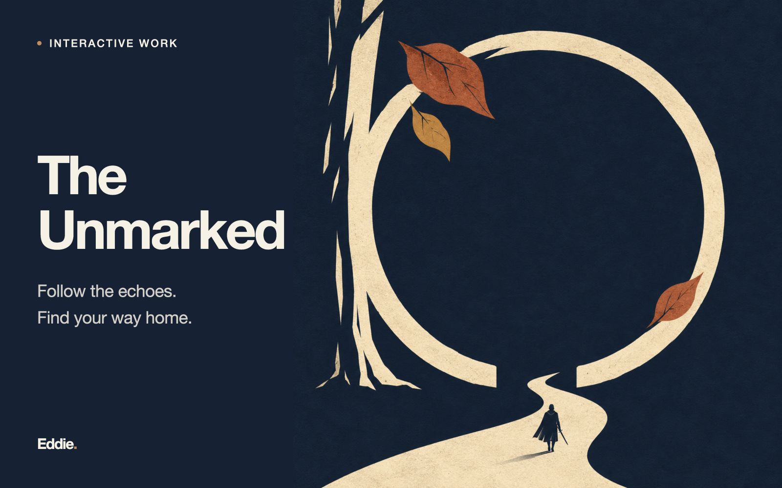 The Unmarked concept cover · Key artwork inspired by autumn woods, a traveler, and echoes.