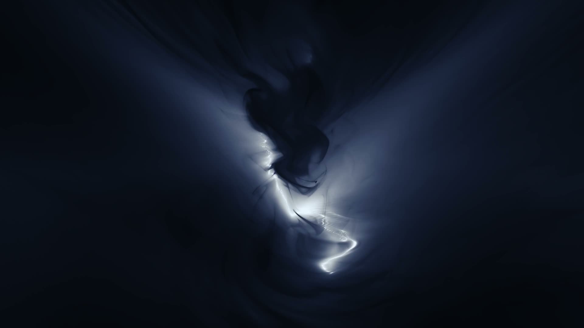 Cold-white light threading through a dark blue procedural cyclone