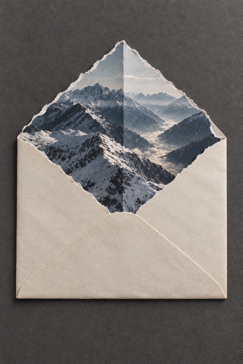 An envelope opening into a folded snowy mountain landscape