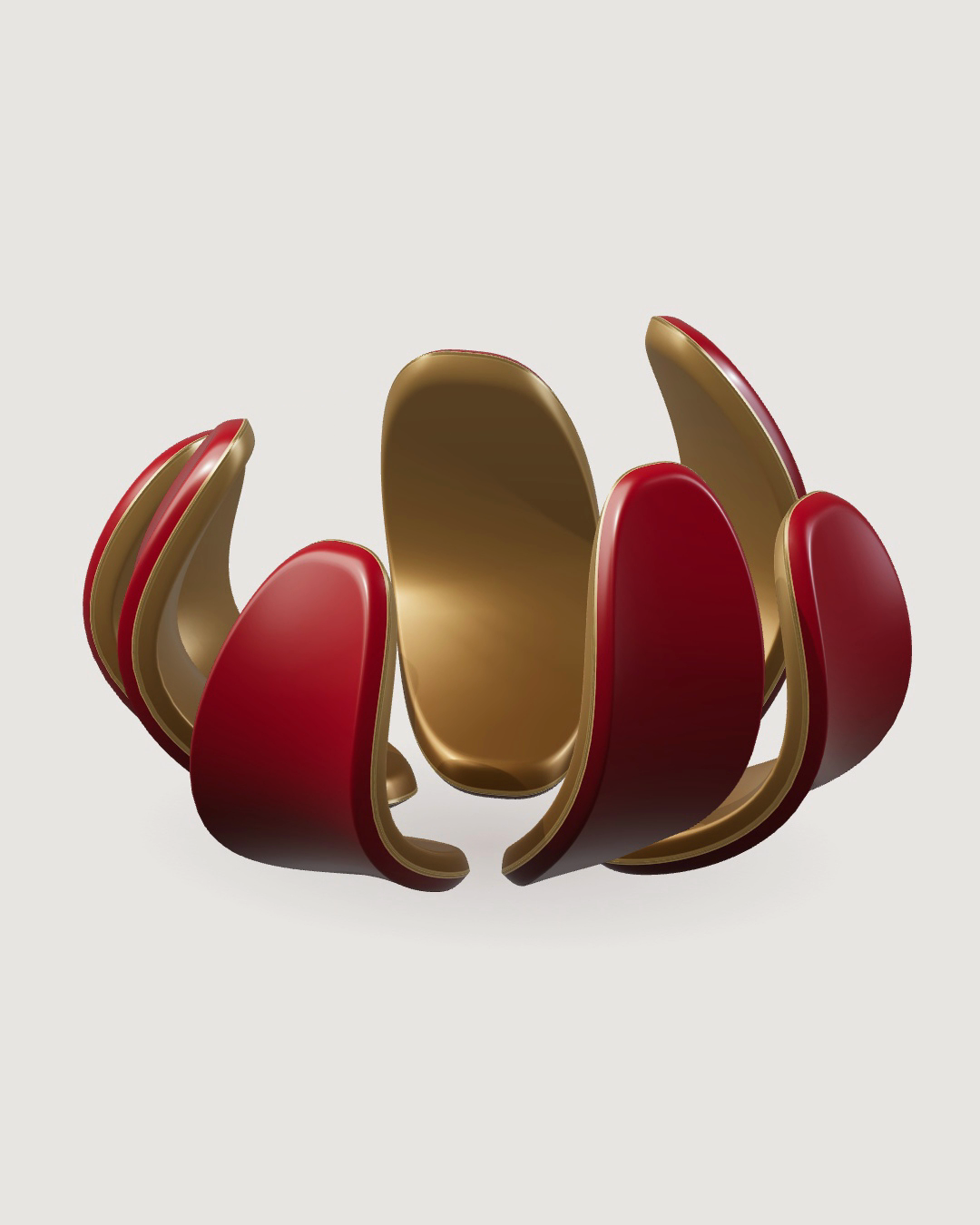 A deep red sculptural shell opening to reveal a warm copper-gold interior