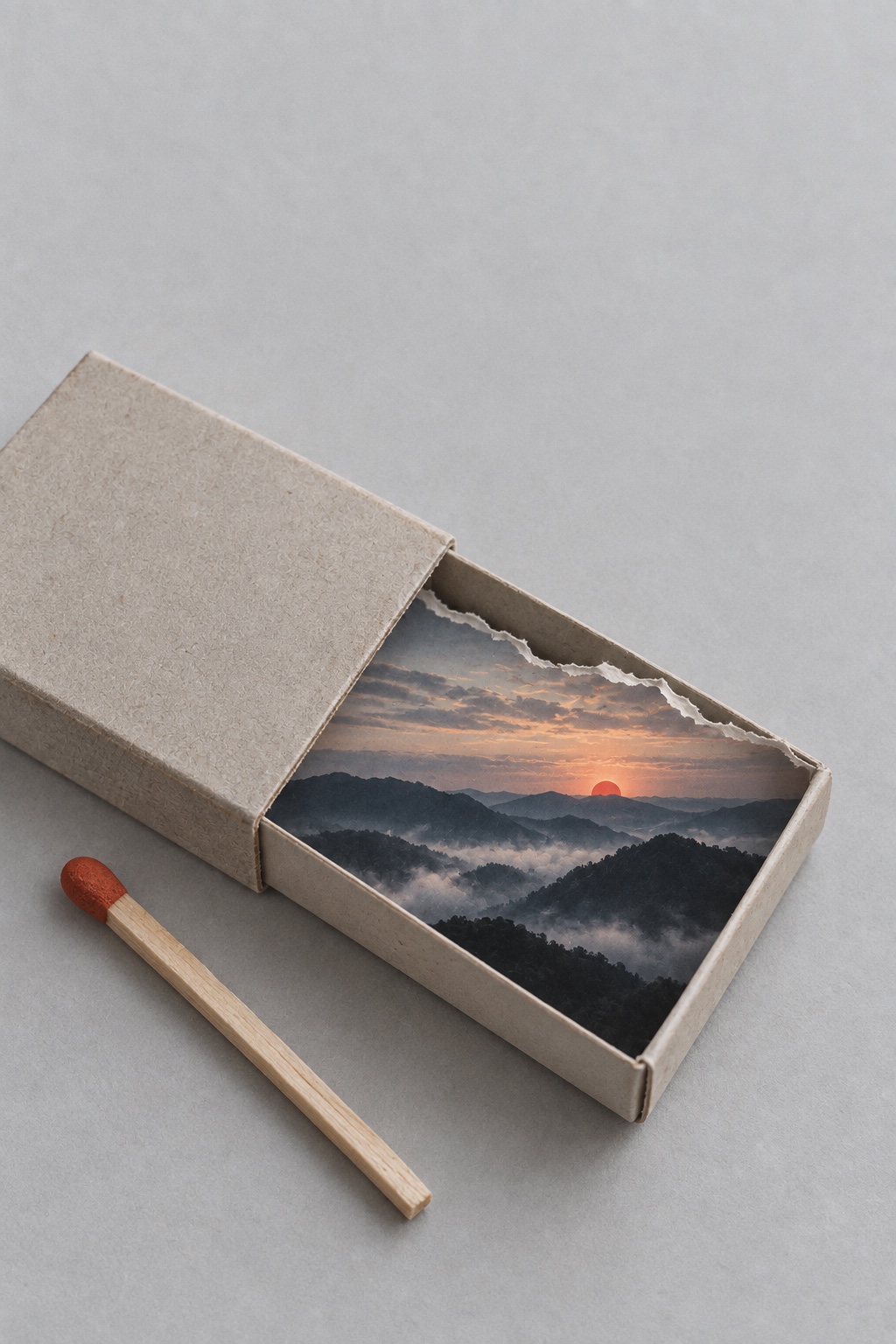 A torn-paper matchbox opening onto a sunrise over mountains