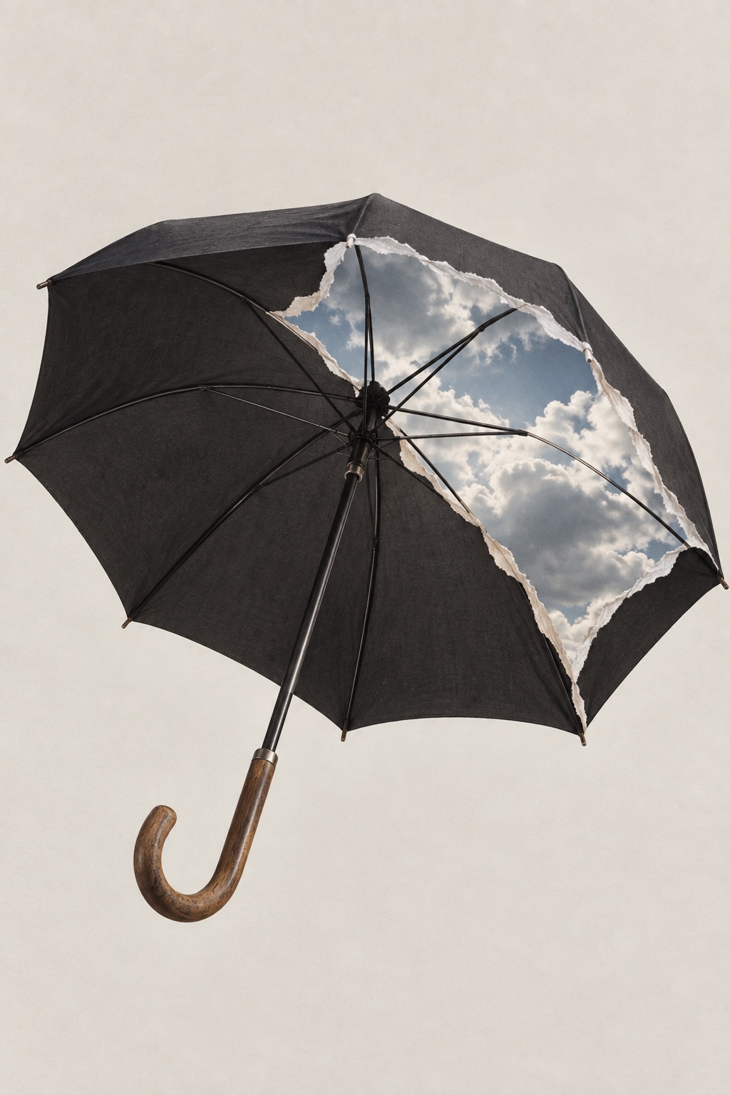 An umbrella with a torn section revealing a blue sky