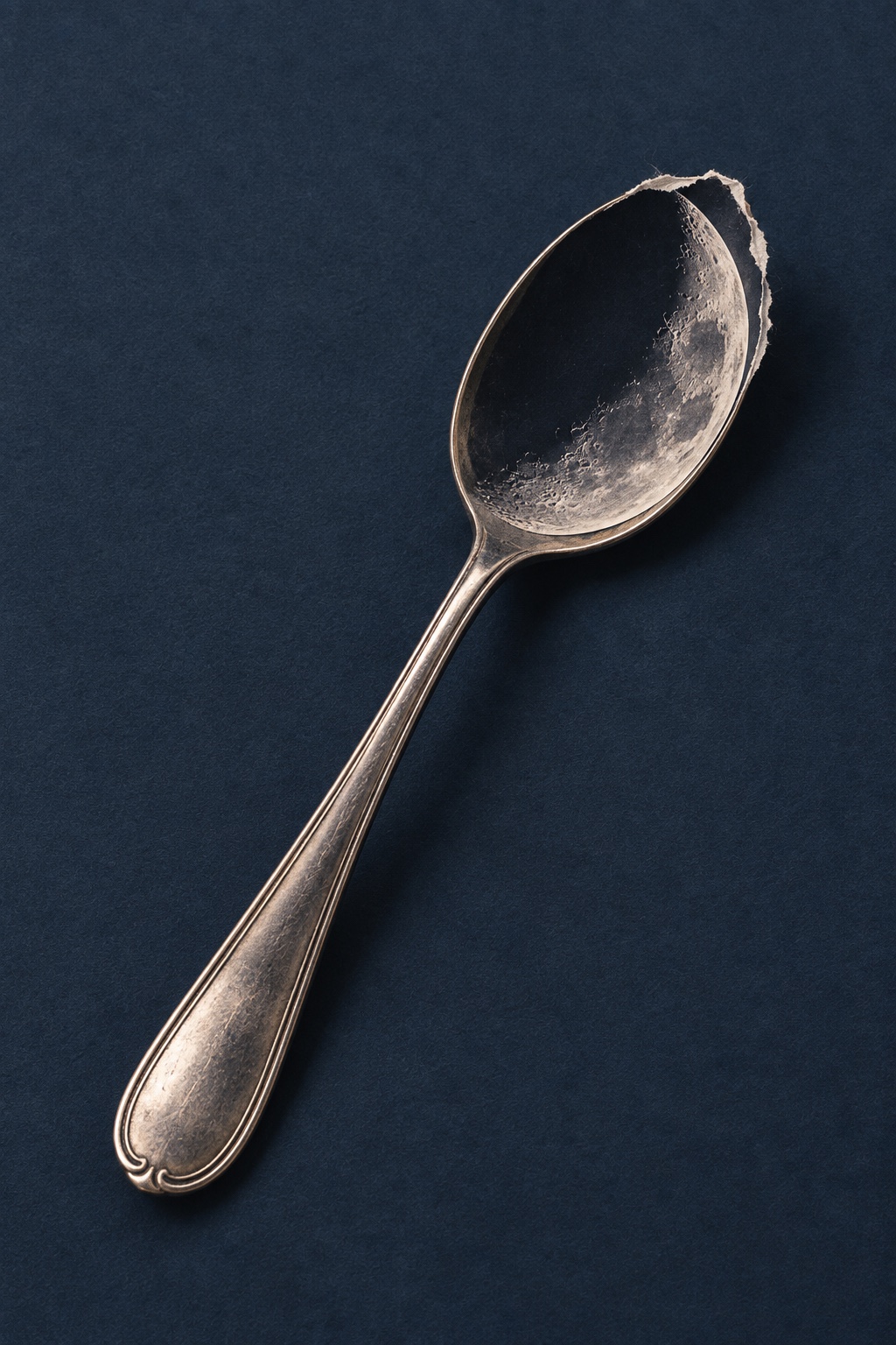 A silver spoon containing a crescent-like lunar surface