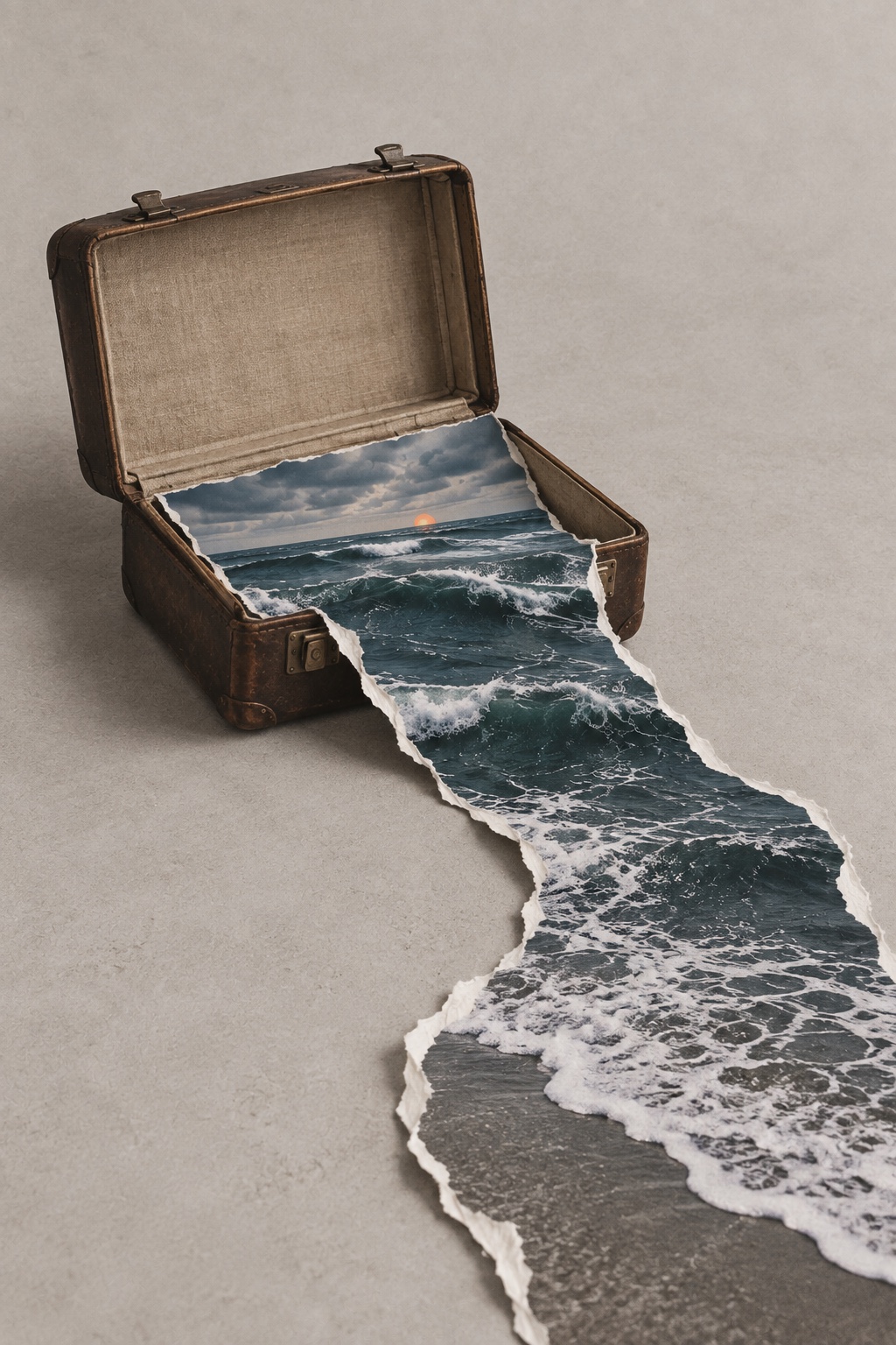 Ocean waves flowing out of an open suitcase