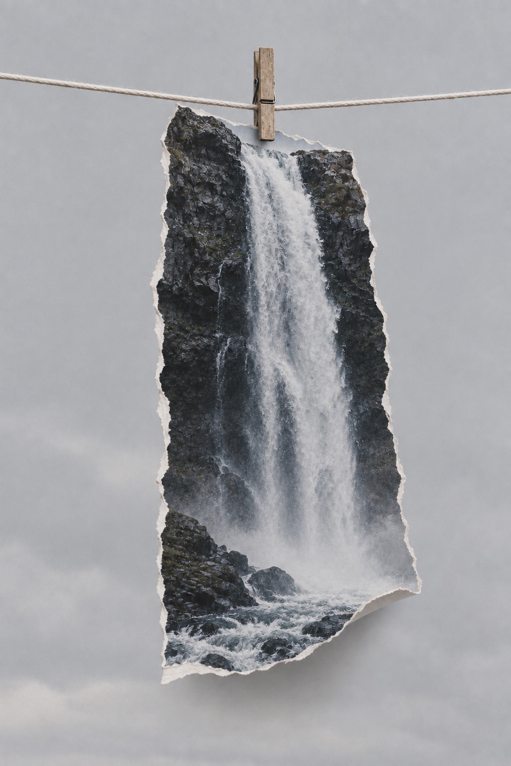 A waterfall photograph suspended from a clothesline